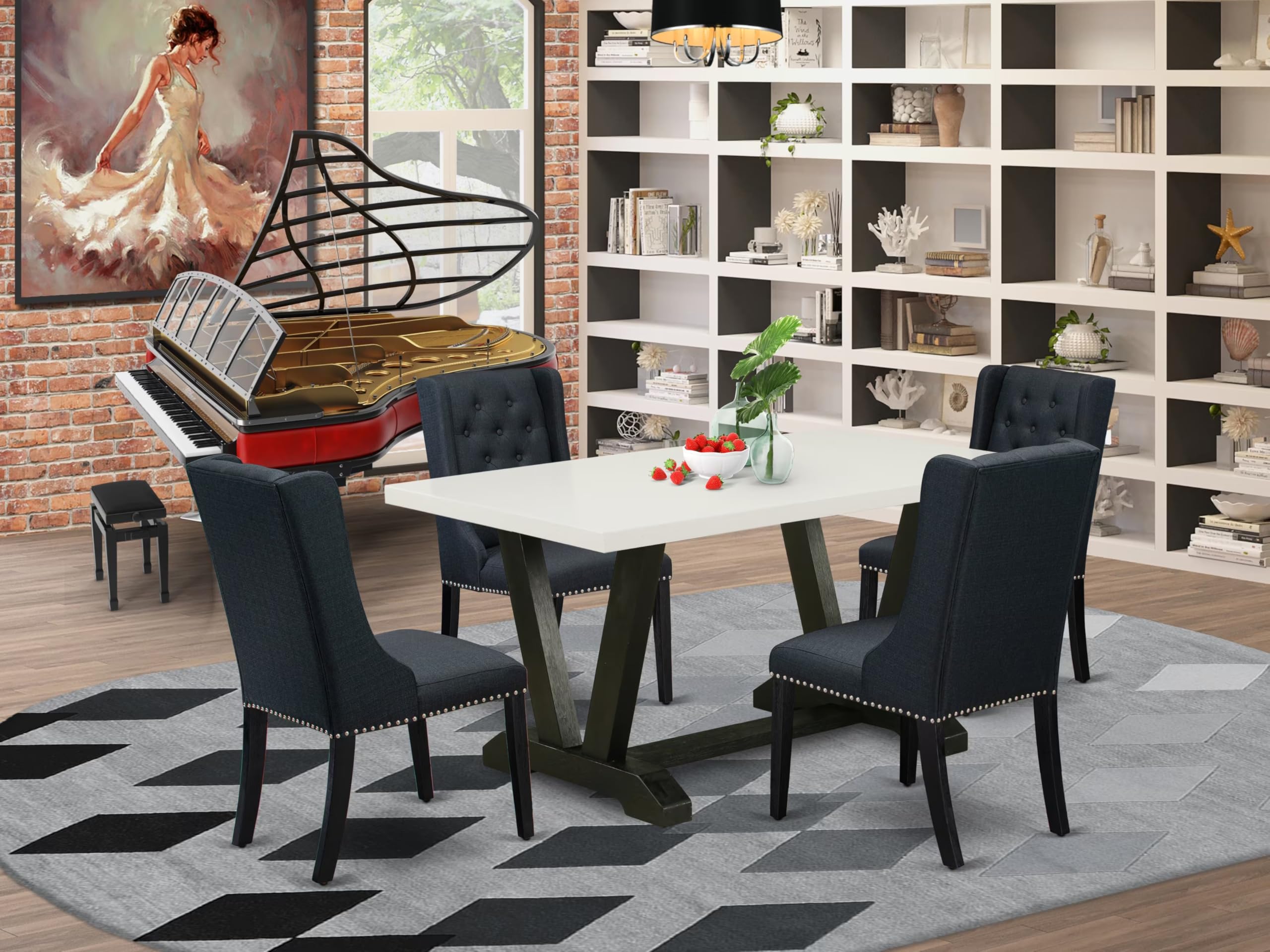 East West Furniture V626FO624-5 5 Piece Dining Room Table Set Includes a Rectangle Dining Table with V-Legs and 4 Black Linen Fabric Upholstered Parson Chairs, 36x60 Inch, Multi-Color